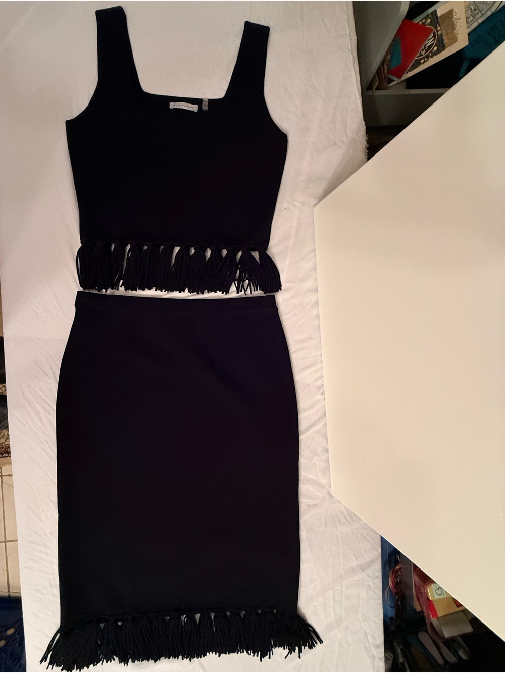 Tahari Black Fringe Crop Top & Pencil Skirt Set
